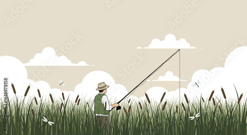 Fisherman Casting Rod Surrounded By Reeds In A Serene Lake Environment