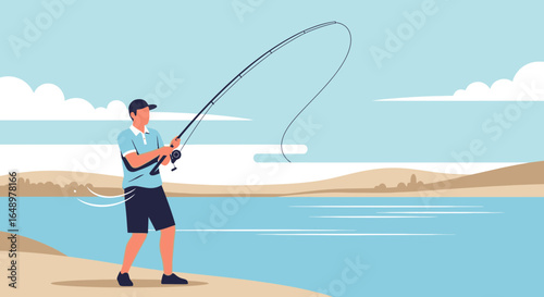 Fisherman Casting Rod With Bending Line Fishing At Calm Lake Under Blue Sky