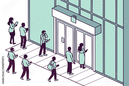 Crowd ignoring emergency exit signs, modern flat illustration style