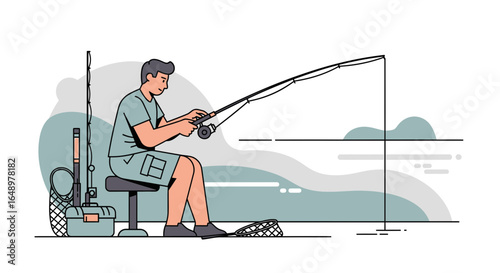 Fisherman Casts His Line at Serene Lake Illustration In Minimalist Style
