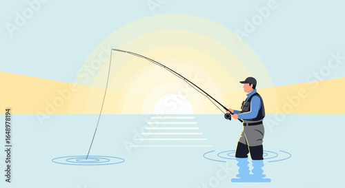 Fisherman Casting Silhouette At Sunset Serene Outdoor Recreational Activity