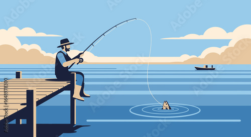 Fisherman Catching Fish Off Pier In Serene Coastal Setting Graphic Art