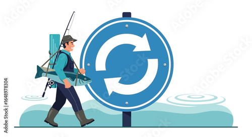 Fisherman Catching Fish Near Recycle Sign Symbolizing Sustainable Resources Use