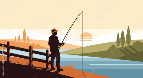 Fisherman Catching Fish On Riverbank At Sunset Scenery Graphic Resource