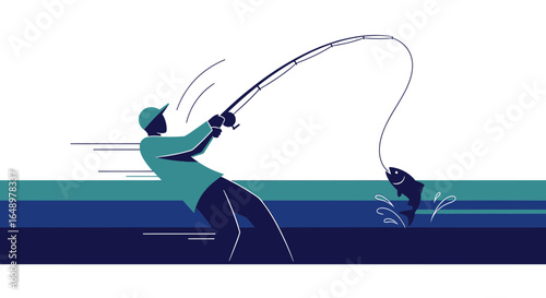 Fisherman Catching Fish With Rod Bending While Jumping Out Of Water