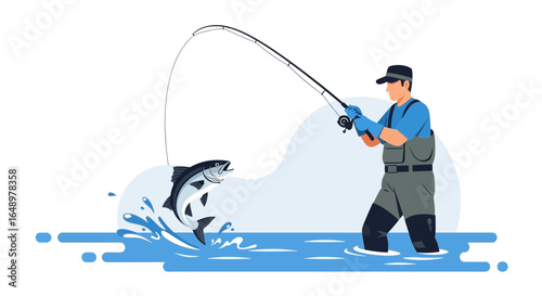 Fisherman Catching Leaping Fish With Rod In River For Sport Or Recreation