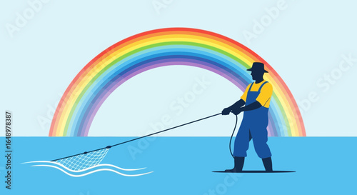 Fisherman Catching His Dream Under Rainbow Depicting Abundance and Opportunity