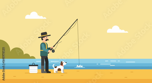 Fisherman Enjoying a Peaceful Day Catching Fish With Dog On Sandy Beach