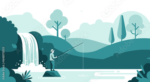 Fisherman Enjoying A Peaceful Day Near The Waterfall In The Mountain