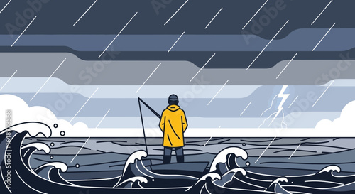 Fisherman Enduring Stormy Seas Alone with Fishing Rod In Weather Bad Condition