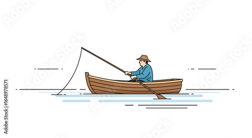 Fisherman Enjoying A Relaxing Trip On A Rowboat On The Calm Waters Of The Lake