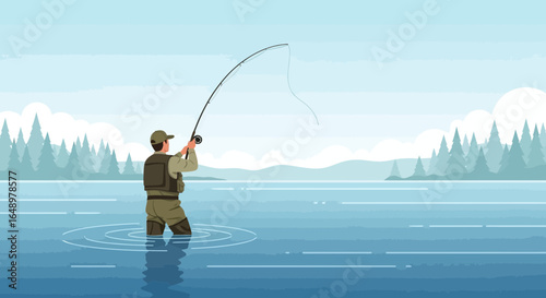 Fisherman Enjoying His Hobby Fishing in a Tranquil Lake Surrounded by Nature