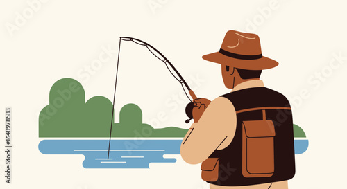 Fisherman Enjoying Calm River Scene During Peaceful Outdoor Activity Illustration