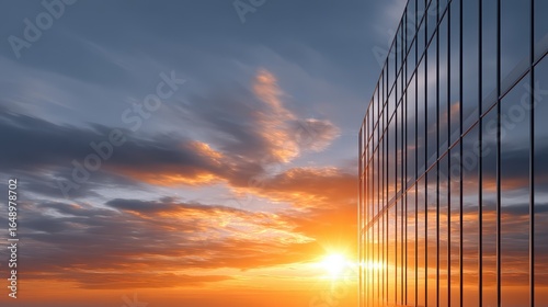 Stunning sunset reflecting off a modern skyscraper's glass facade.
