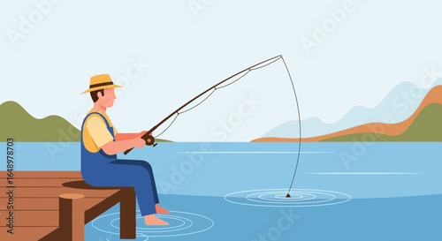 Fisherman Enjoying Summer Day Fishing From Wooden Pier By Lake Vector Illustration