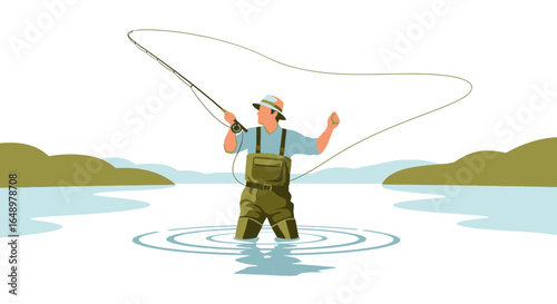 Fly Fisherman Enjoying Outdoor Activity Casting a Line in Quiet River