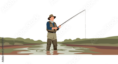 Fly Fishing Adventure At Serene River With Angler Catching Fish Graphic Resource