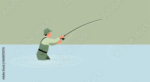 Fly Fisherman In Stream Casting Line For Salmon During Outdoor Leisure Time