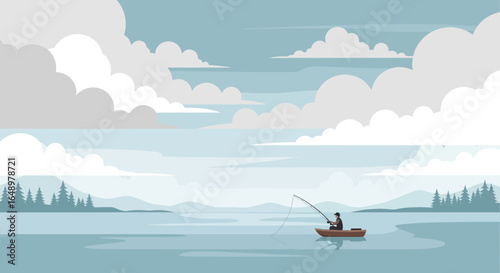 Fisherman Enjoying Tranquility On Misty Lake During a Peaceful Cloudy Day