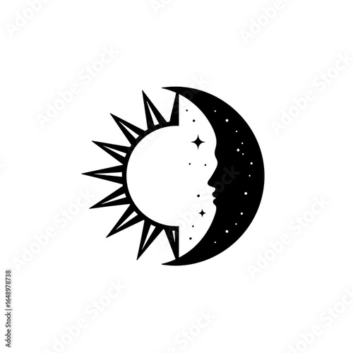 Sun and moon icon with a black-and-white face image. Autumn equinox day