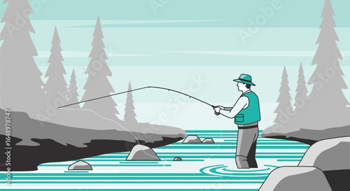 Fly Fishing in a Tranquil River Scene with Evergreen Forest Background