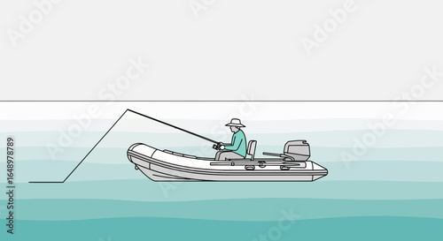 Fisherman Fishing in Inflatable Motor Boat on Calm Ocean Water Vector Art