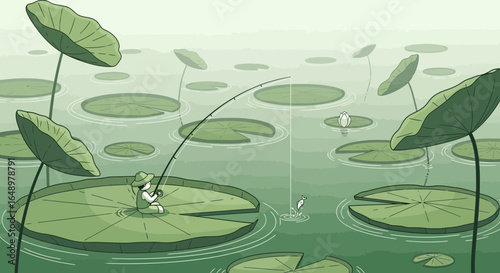 Fisherman Fishing In A Lily Pond On An Overcast Day Illustration