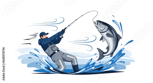 Fisherman Fighting A Big Fish Pulling On His Rod Catching Fish Vector Illustration