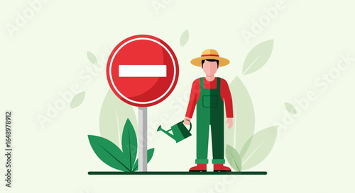 Forbidden Agriculture Farmer With Watering Can Under Red No Sign Vector Illustration