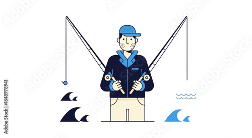 Fisherman Holding Rods with Waves Illustration Perfect for Outdoor Activity Promotion