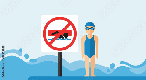 Forbidden Diving Area Sign With Person In Blue Swimsuit At Waterfront