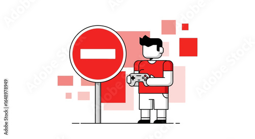 Forbidden Entertainment A Boy Playing Video Games Ignoring Danger Sign Illustration