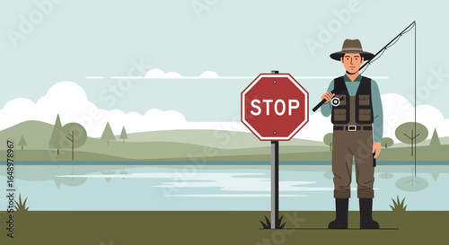 Fisherman Ignoring Sign Fishing In Restricted Area On River Illustration