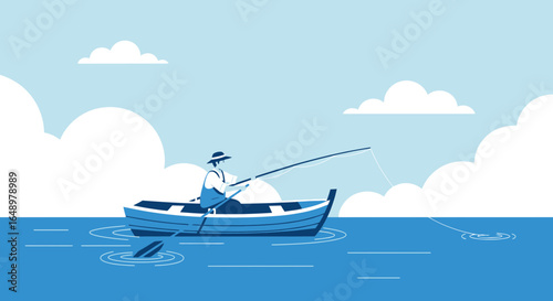Fisherman In Boat, Fishing On The Water Under A Cloudy Sky Vector Illustration