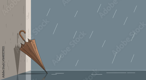 Forgotten Umbrella Leaning Against Wall On Wet Street In Pouring Rain