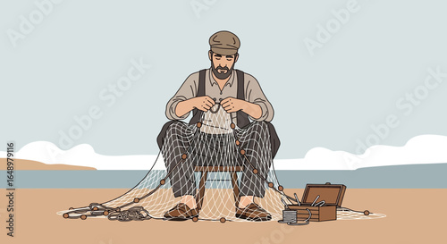 Fisherman Mending His Net On The Shore Depicts Traditional Occupation