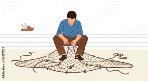 Fisherman Mending Net On Shore With Fishing Boat In The Distance Illustration