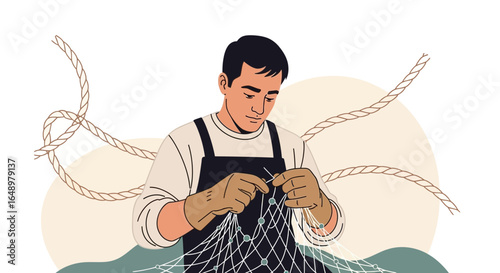 Fisherman Mending Nets Skillfully Maintaining his Tools For Sea Work