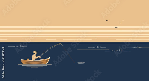 Fisherman On A Boat Catching Fish With Birds Flying Above Calm Ocean
