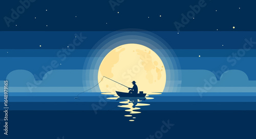 Fisherman On A Boat In The Moonlight A Serene Nighttime Fishing Scene