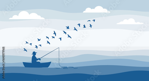 Fisherman On A Boat With Birds Flying Blue Minimalist Serene Scenery
