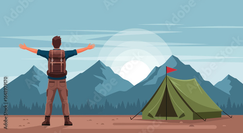 Freedom Concept Hiker Reaching Top Of The Mountain With Open Arms And Tent Vector