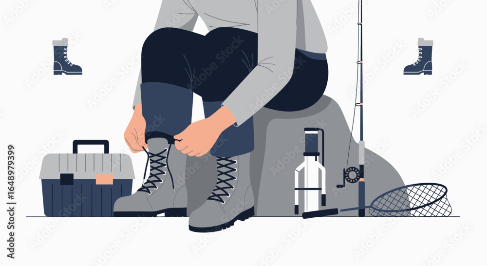 Naklejka premium Fisherman Prepares Gear By Tying Boots Before Casting A Line