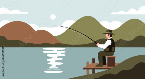 Fisherman On The Dock Enjoys A Calm Day Of Fishing In Nature