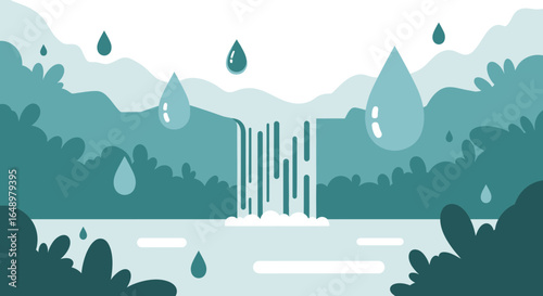 Fresh Waterfall Landscape Scenery With Water Drops And Lush Greenery Design