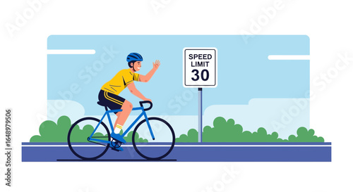 Friendly Cyclist Waves While Riding On A Path With Speed Limit Sign
