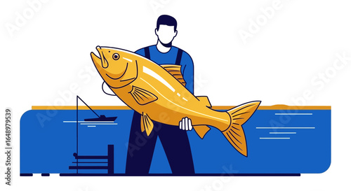 Fisherman Presents His Golden Catch At The Lake With Boat And Fishing Rod