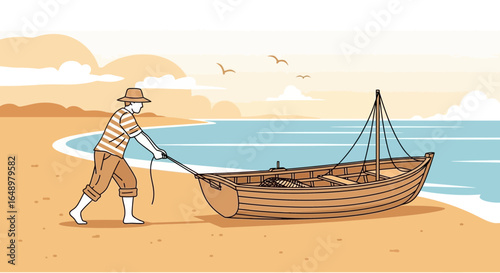 Fisherman Pulling Fishing Boat Illustration on Sandy Beach at Coastal Village