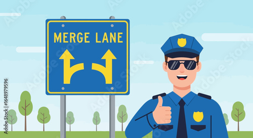 Friendly Officer Giving Thumbs Up Next To Merge Lane Sign On Road