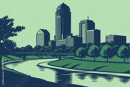 Des Moines skyline at twilight with the Des Moines River still and reflective, framed by parkland and evening sky gradients, modern flat illustration style.